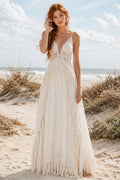 Ivory Spaghetti Strap Boho A-Line Wedding Dress with Lace Bodice and Fringe Trim front view