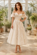 Champagne Off-the-Shoulder Sweetheart Flutter Sleeve Lace Tulle Tea-Length Wedding Dress with Flutter Sleeves and Bow Back fr