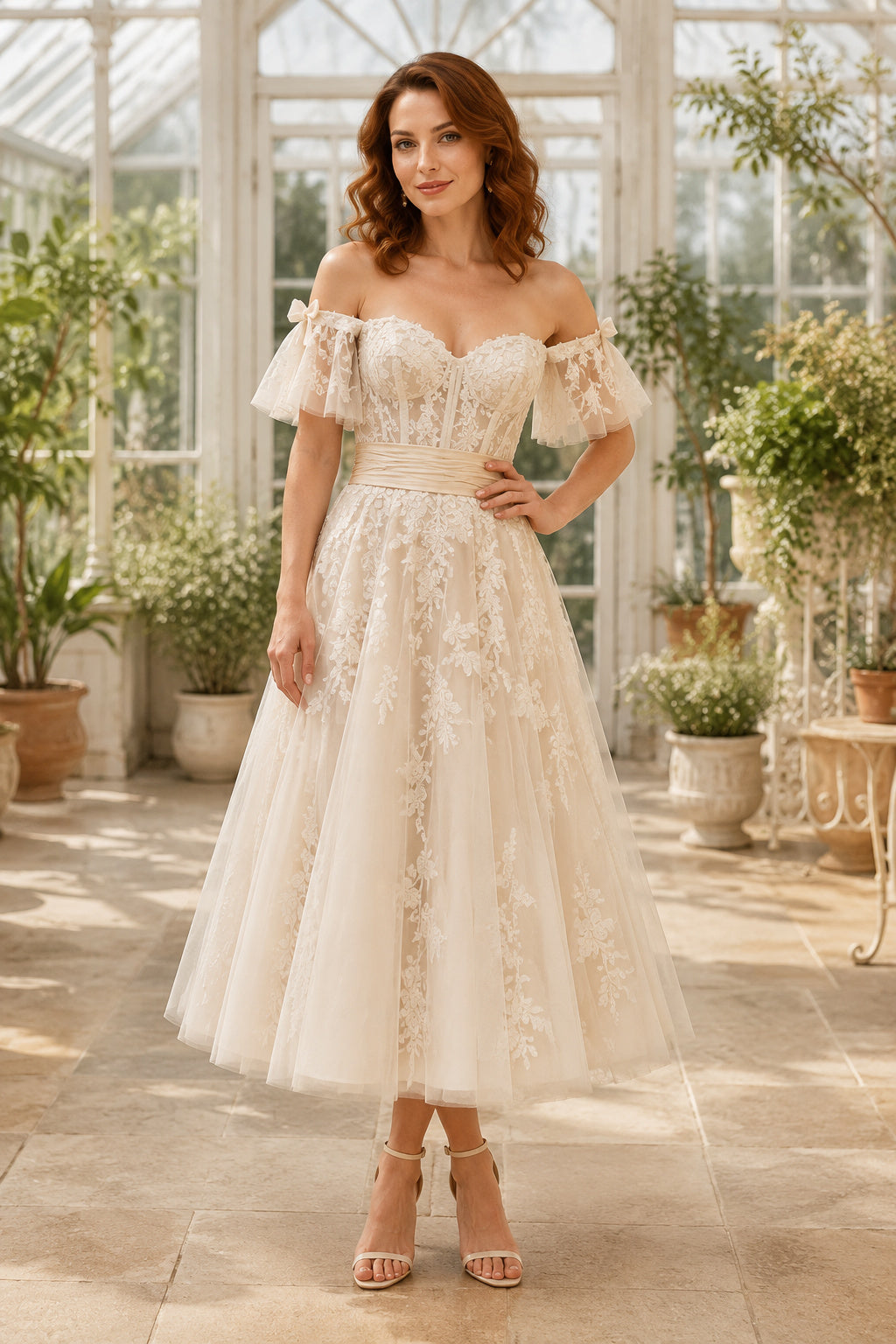 Champagne Off-the-Shoulder Sweetheart Flutter Sleeve Lace Tulle Tea-Length Wedding Dress with Flutter Sleeves and Bow Back fr