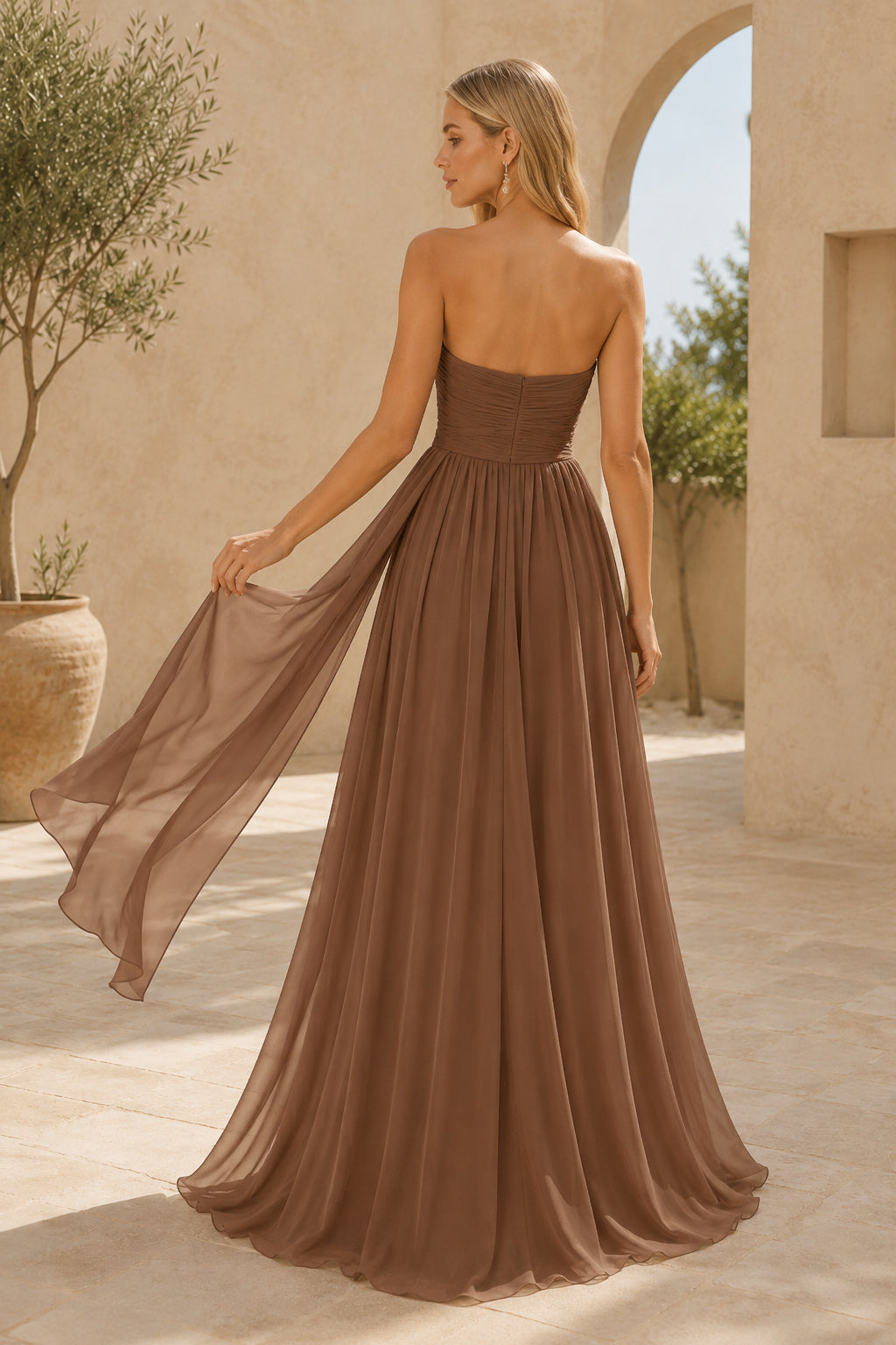 Taupe Strapless Chiffon A-Line Formal Dress with Side Drape back view
