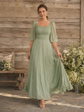 Sage chiffon square neck sheer puff sleeve ankle length dress front view