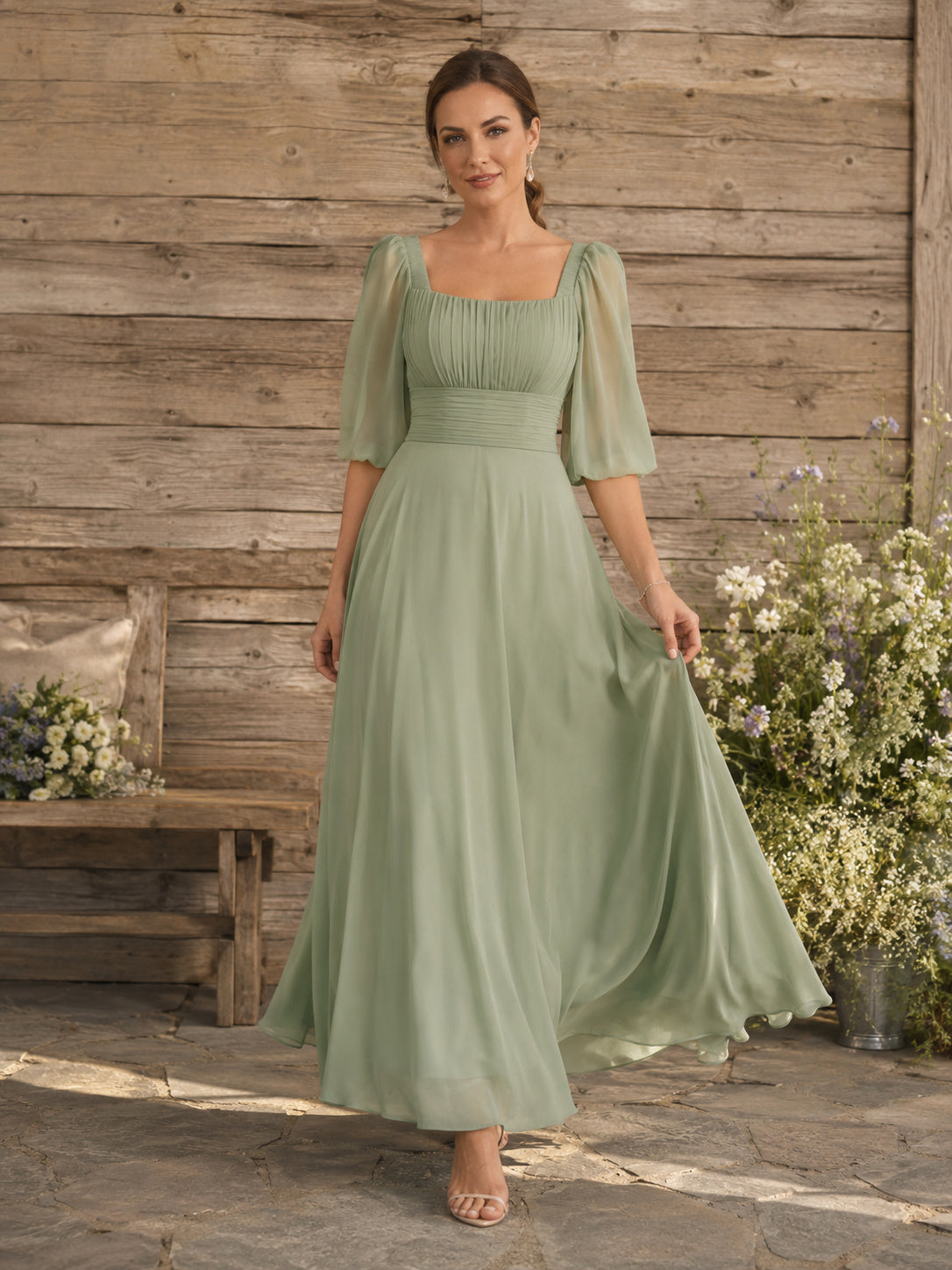 Sage chiffon square neck sheer puff sleeve ankle length dress front view