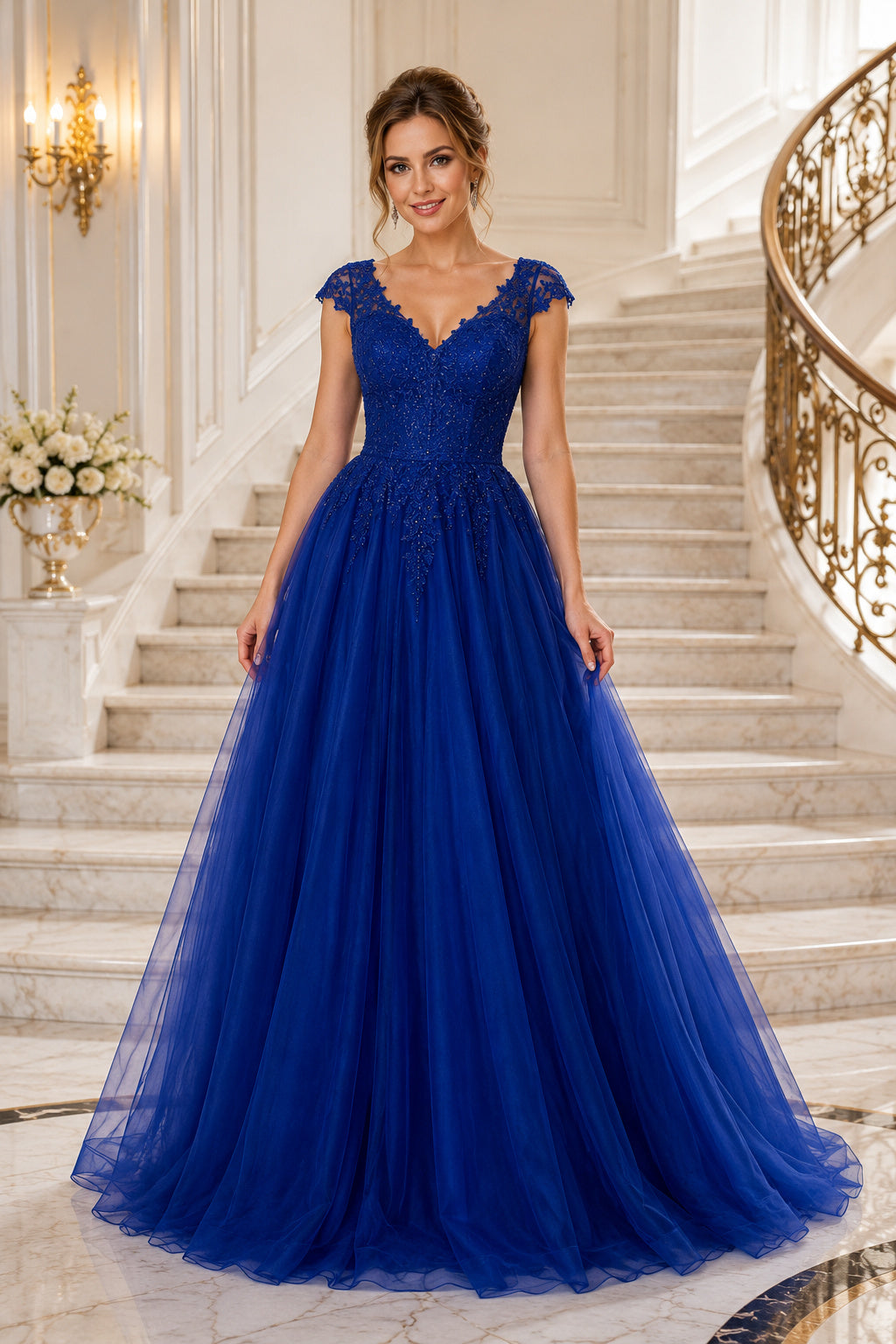 Royal Blue cap sleeve lace bodice ball gown with full tulle skirt Floor-length Ball Gown Prom Dress front view