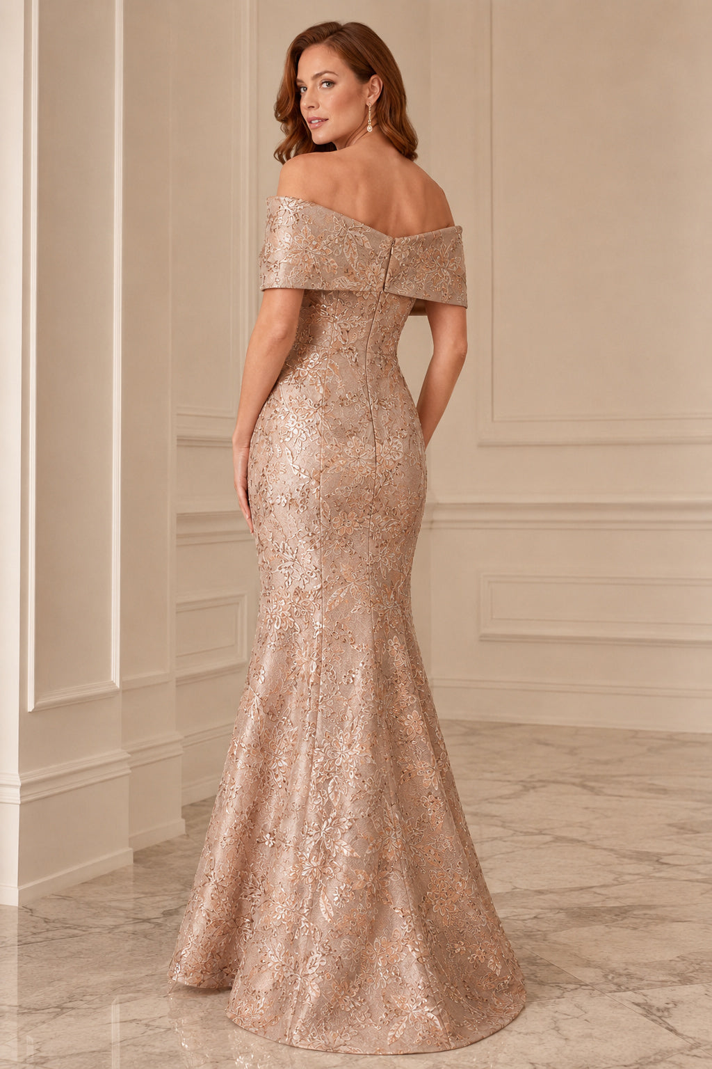 Champagne Off-the-Shoulder Metallic Lace Mermaid Formal Dress back view