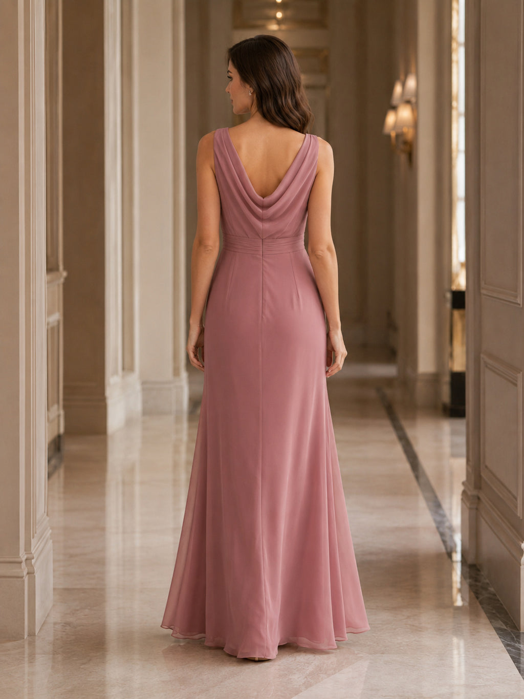 Dusty Rose Draped Cowl Neck Column Formal Dress back view