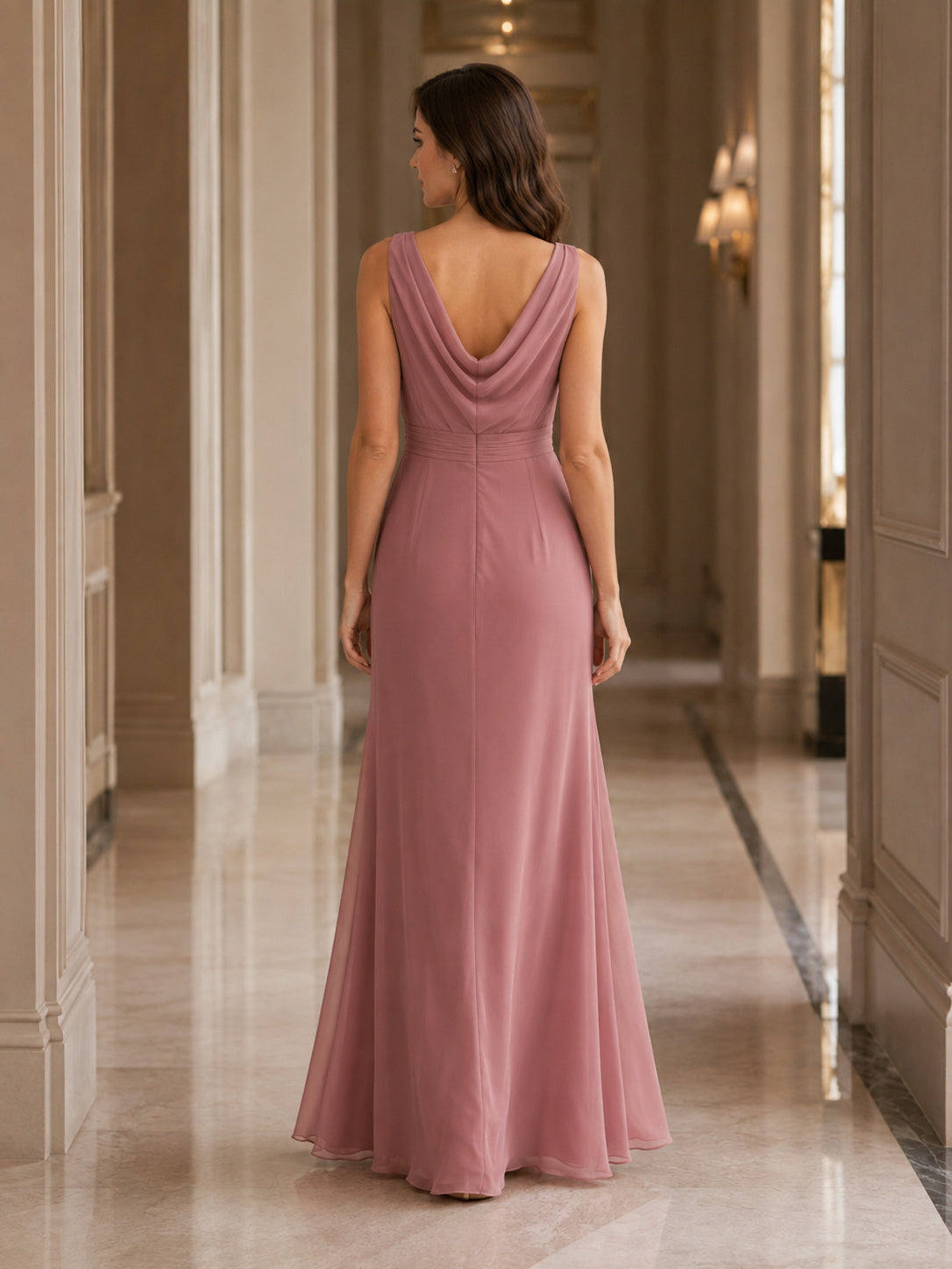 Dusty Rose Draped Cowl Neck Column Formal Dress back view