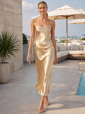 Champagne gold satin square neck slip midi dress front view