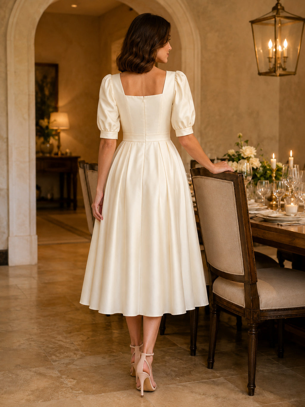 Square neck puff sleeve bridal midi A-line satin dress back view