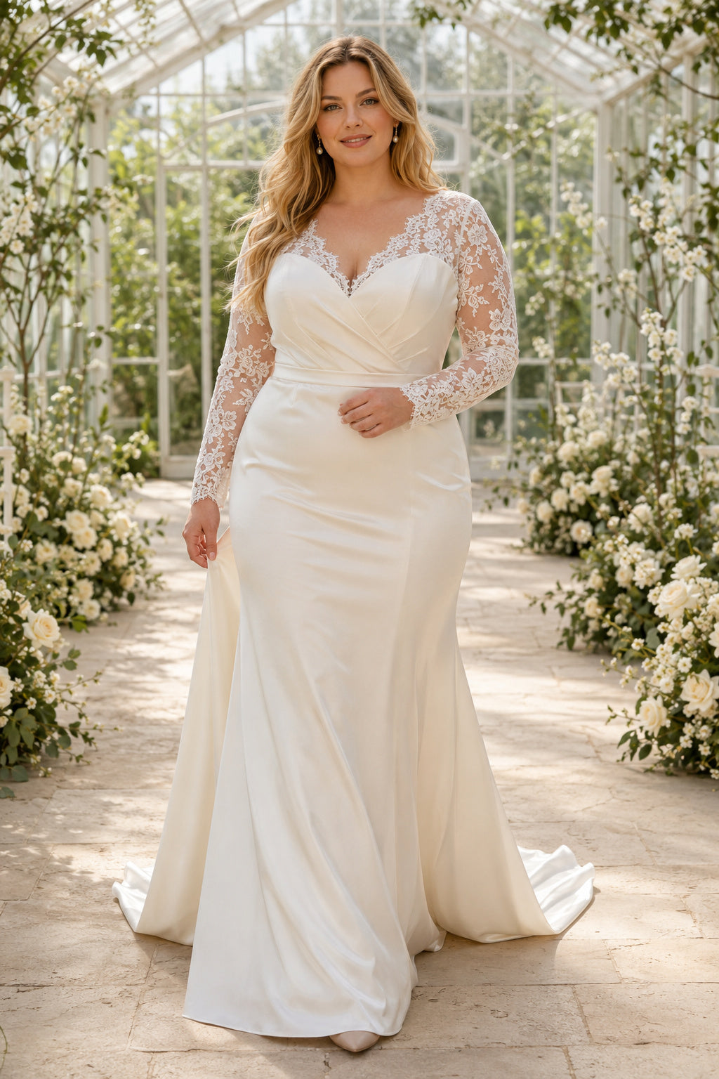 Plus Size Ivory Long Sleeve Lace Bodice Sheath Wedding Dress front view