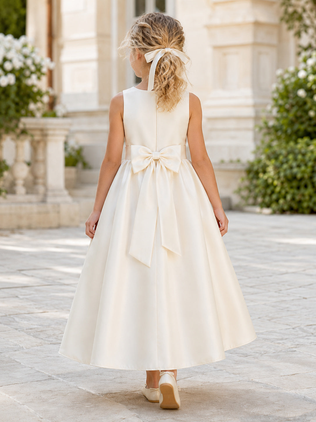 Satin Tulle with Bow Back Flower Girl Dress back view
