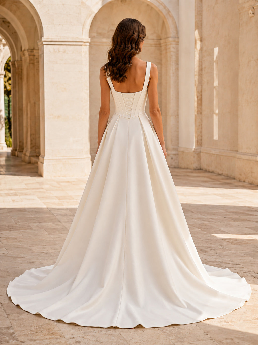 Minimalist Satin Wedding Dress Ball Gown Square Neck Sleeveless Sweep Train Bridal Gown back view