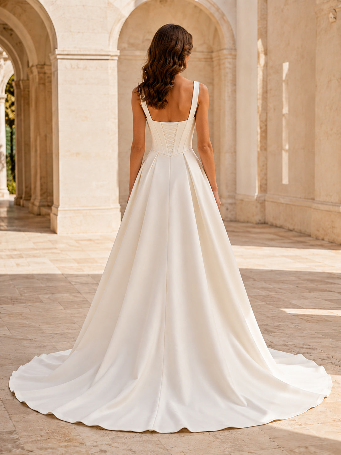 Minimalist Satin Wedding Dress Ball Gown Square Neck Sleeveless Sweep Train Bridal Gown back view