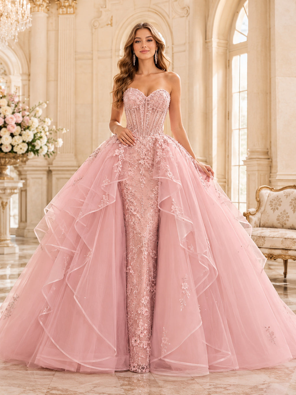 Pearl Pink Strapless Sweetheart Sequin Ruffle Tulle Ball Gown High Low Quinceanera Dress front view