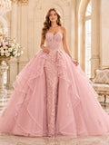 Pearl Pink Strapless Sweetheart Sequin Ruffle Tulle Ball Gown High Low Quinceanera Dress front view
