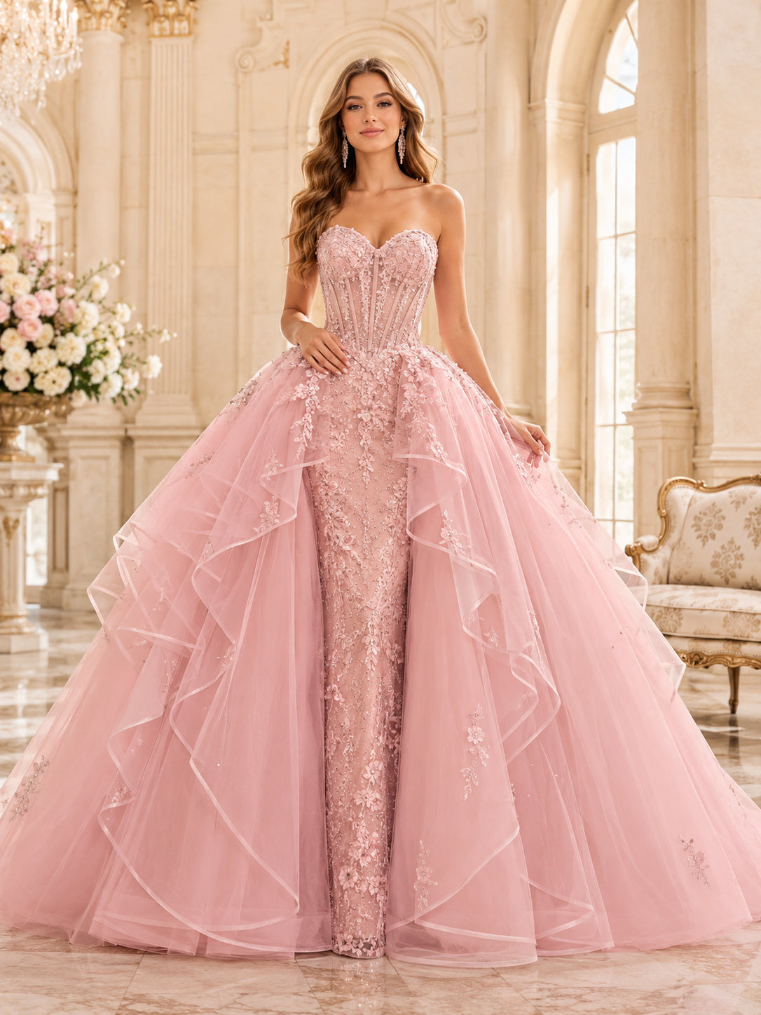 Pearl Pink Strapless Sweetheart Sequin Ruffle Tulle Ball Gown High Low Quinceanera Dress front view