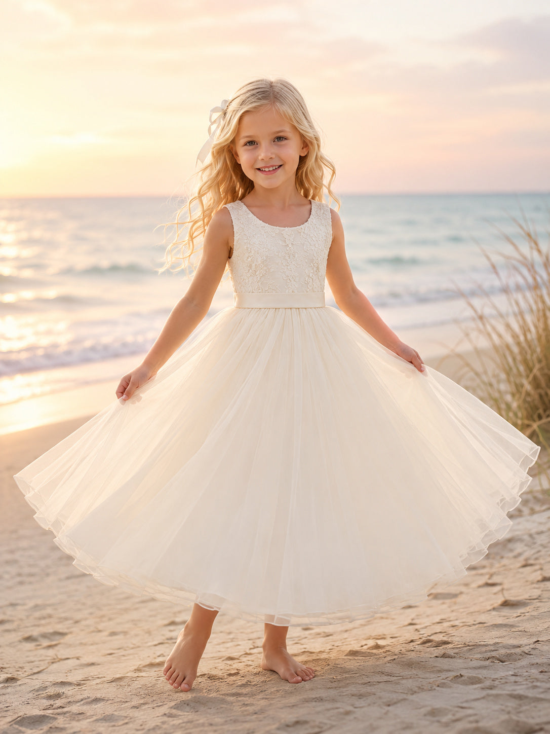 Flower Girl Dress Ivory Tulle A-Line Sleeveless Scoop Neck Tea Length Sash Bow Back front view