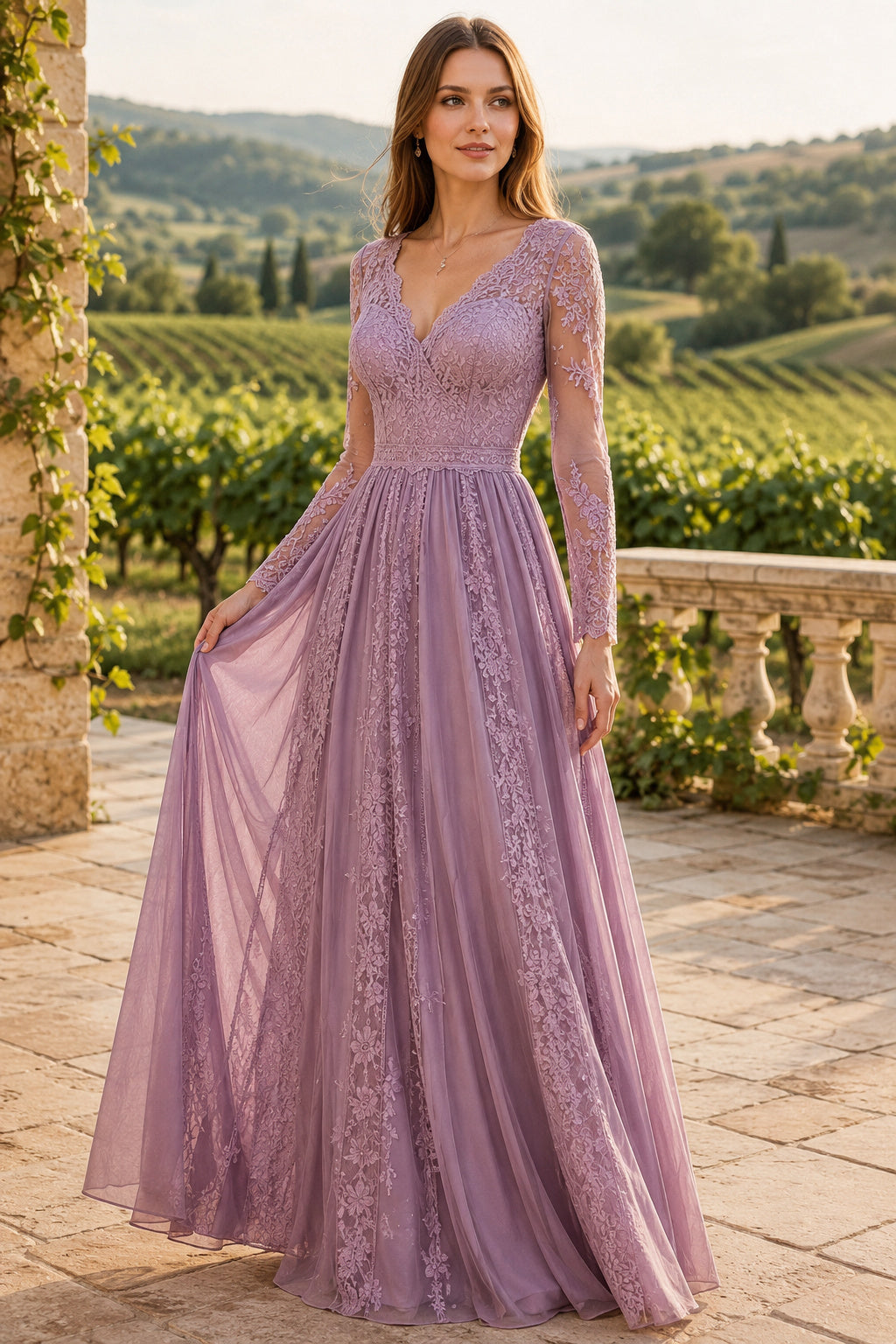 Mauve Long Sleeve Lace A-Line Formal Dress with Illusion Bodice and Applique Skirt front view
