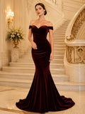 Burgundy Velvet Off Shoulder Gala Mermaid Gown front view