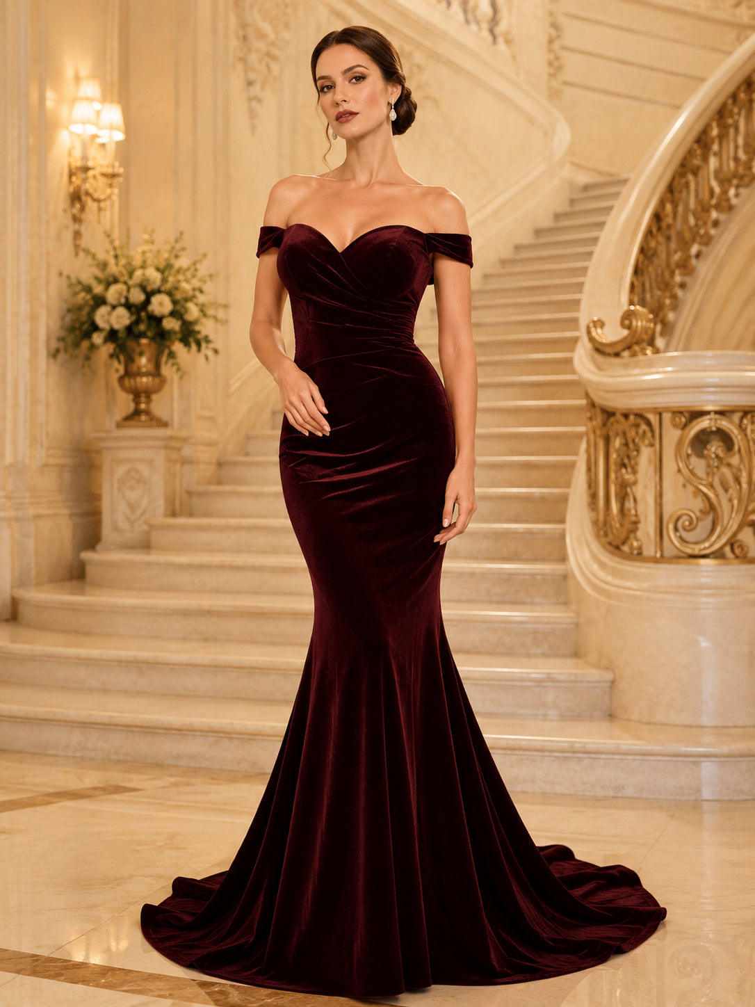 Burgundy Velvet Off Shoulder Gala Mermaid Gown front view