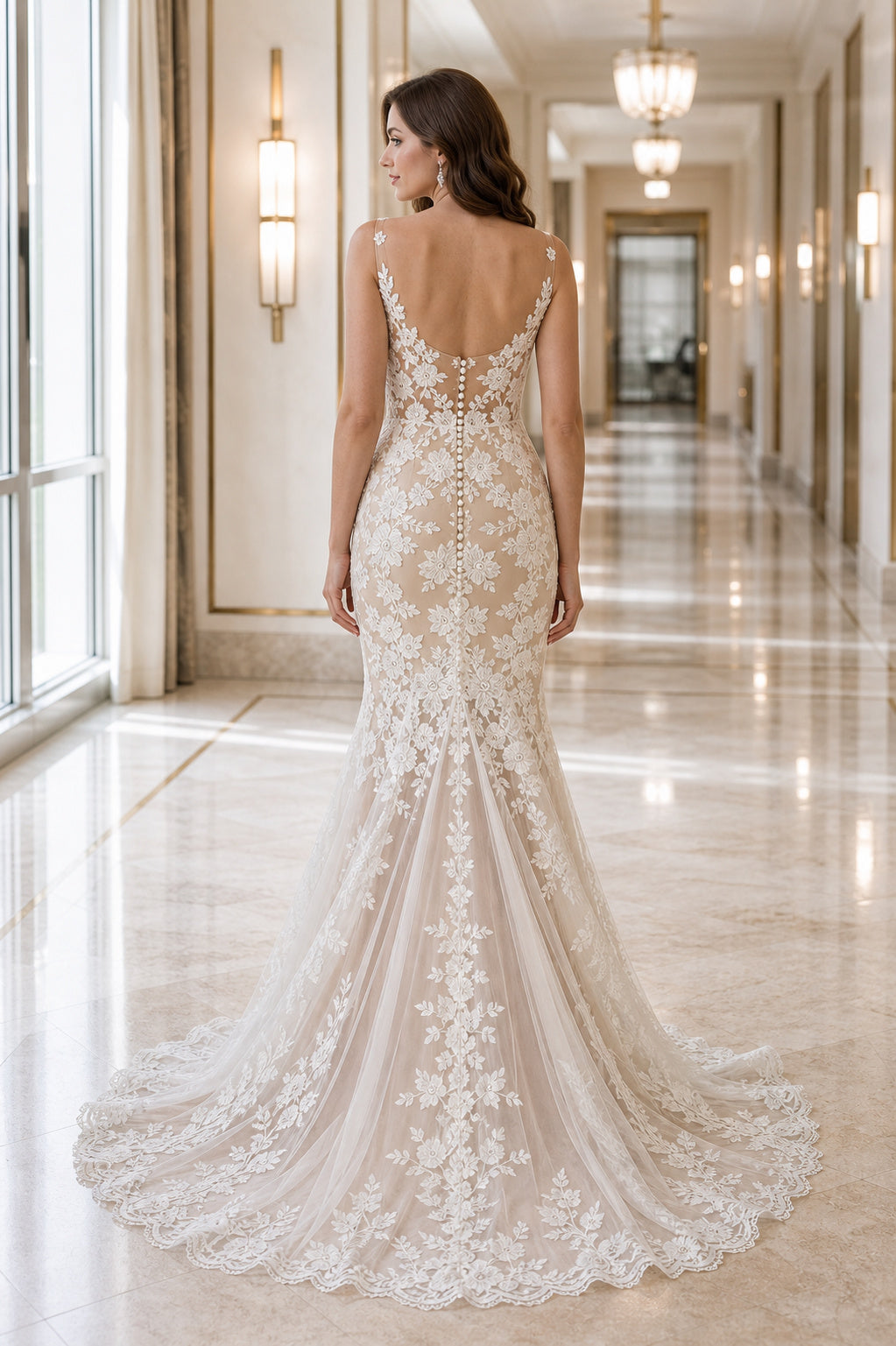 White Square A-Line Lace Floor-length Wedding Dress With Lace and Sweep Train and Open Back Lace Hem Detail