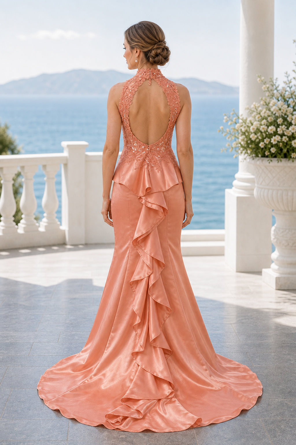 Coral V-neck Sleeveless Mermaid Satin Floor-Length Dress With Ruffle Back