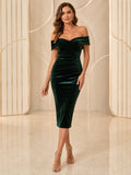 Dark Green Off Shoulder Velvet Sheath Cocktail Dress Style 342233 front view