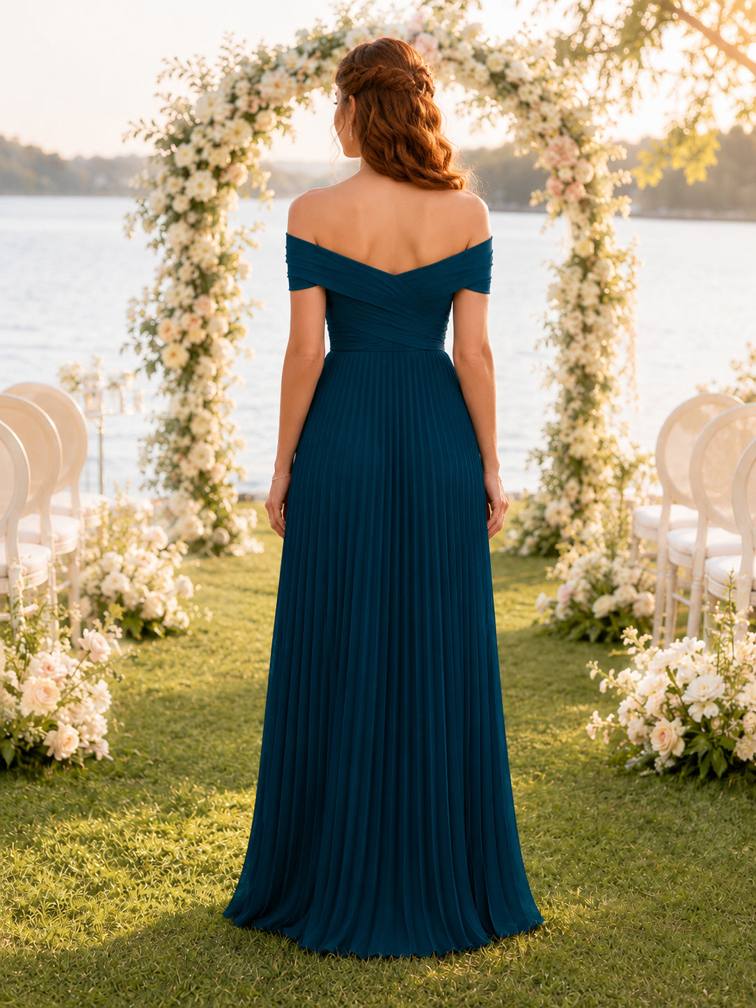 Peacock Off Shoulder Pleated Chiffon Floor Length Guest Dress back view