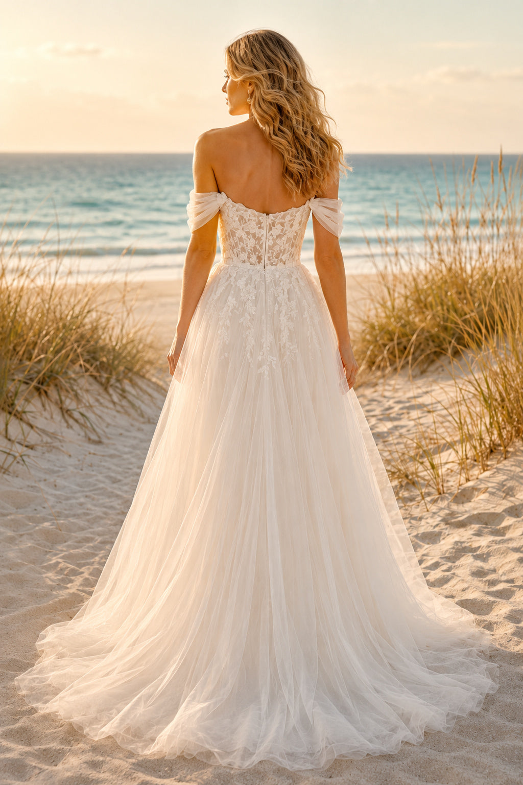 Ivory Off Shoulder Sweetheart Tulle Lace A-Line Wedding Dress Train for Bridal Ceremony and Reception back view