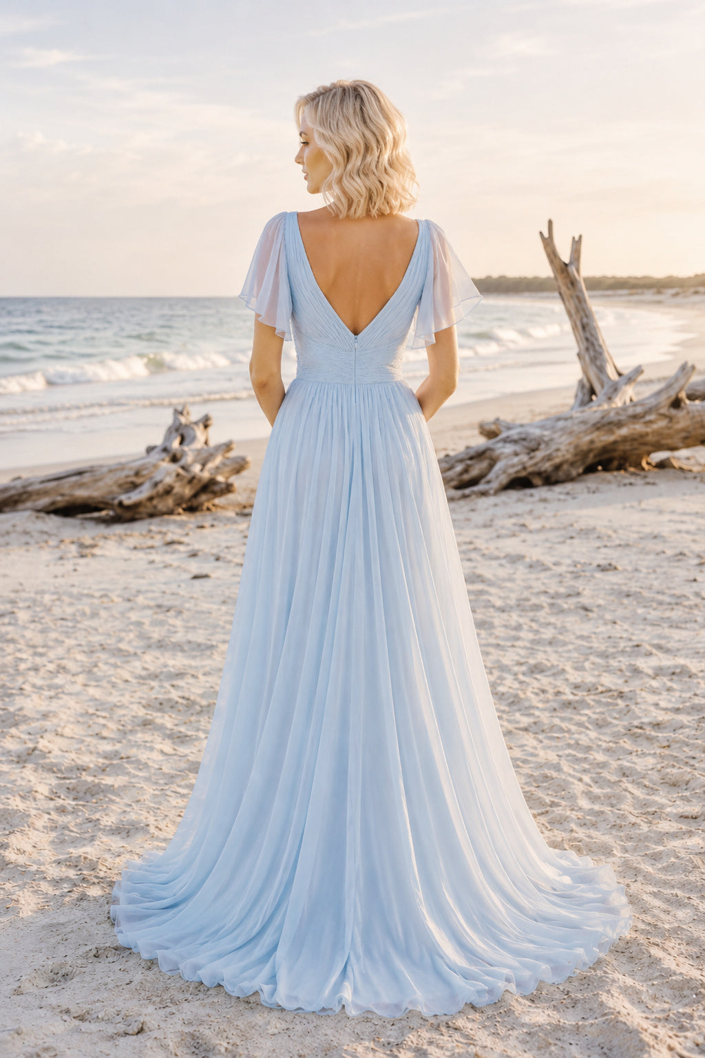 Sky Blue V-Neck A-Line Beach Wedding Dress back view
