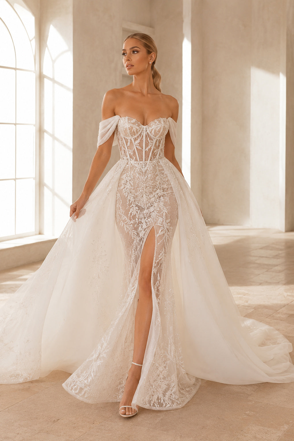 Off-the-Shoulder Lace Sheath Wedding Dress with Detachable Tulle Overskirt front view