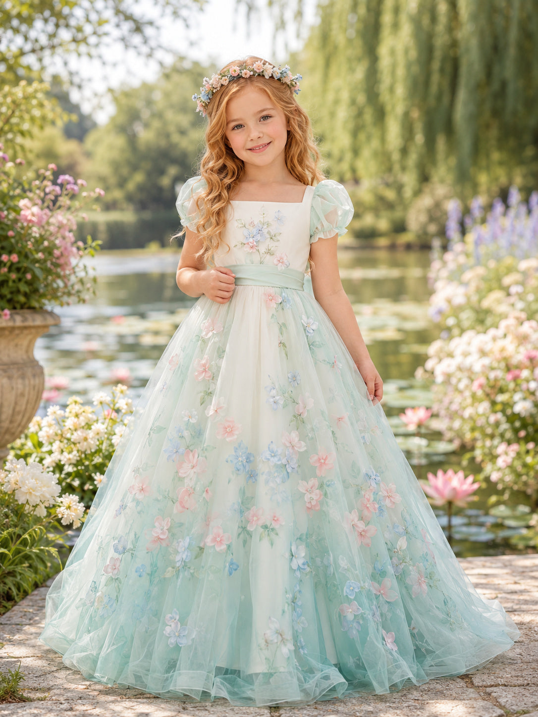 Mint Green Flower Girl Dress with Puff Sleeves, Square Satin Bodice, Floor-Length Ball Gown Skirt and Pastel Floral Embroider