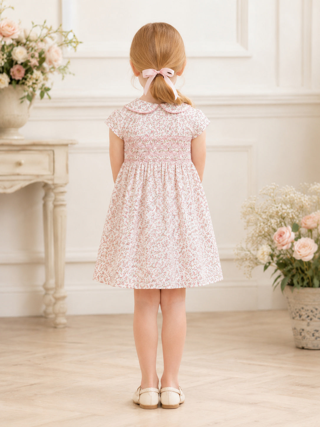 Pink Printed Cotton A-Line Flower Girl Dress with Short Sleeves and Knee-Length Skirt back view