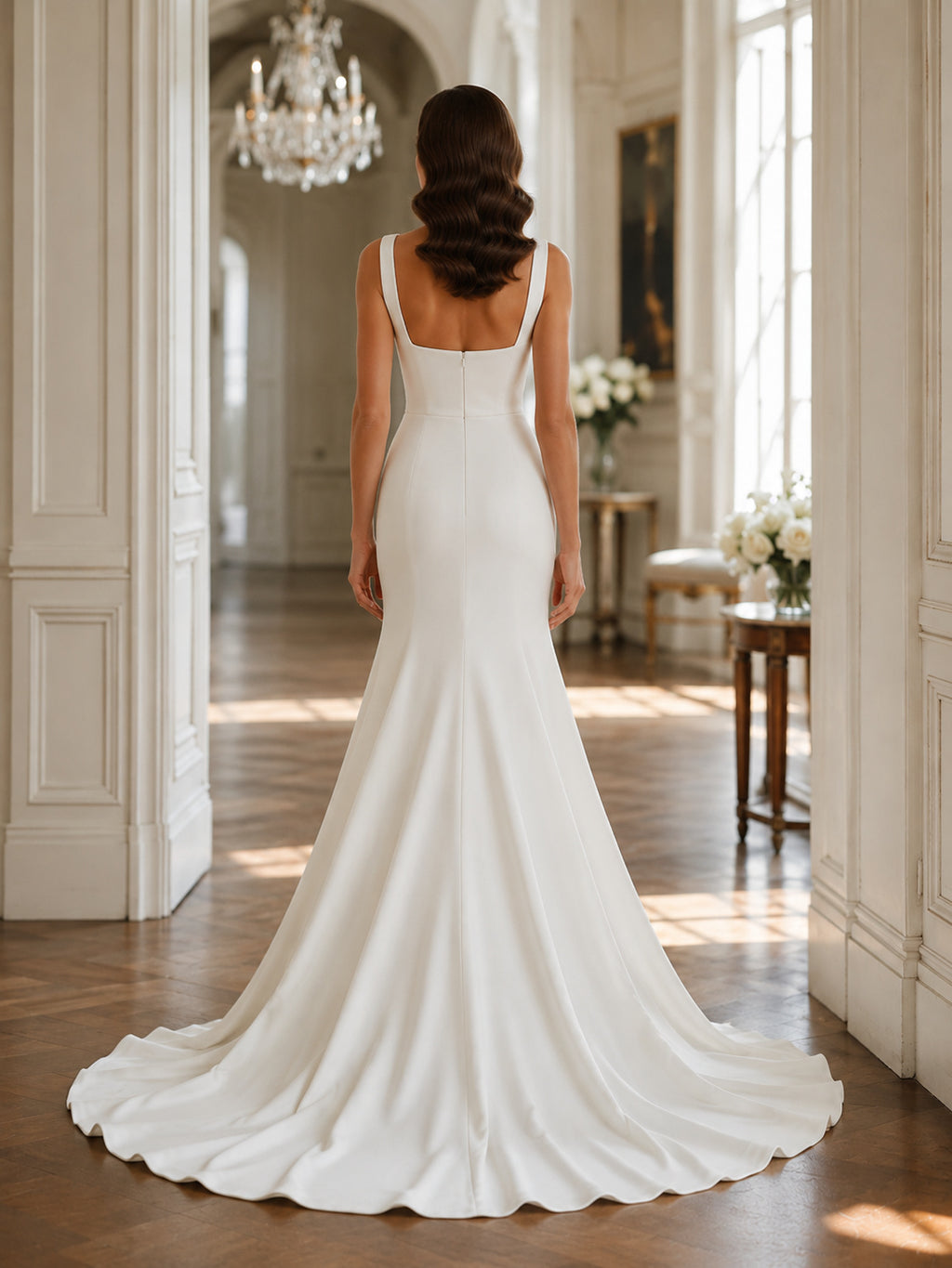 Minimalist Stretch Satin Wedding Dress Mermaid Square Neck Sleeveless Sweep Train Bridal Gown back view