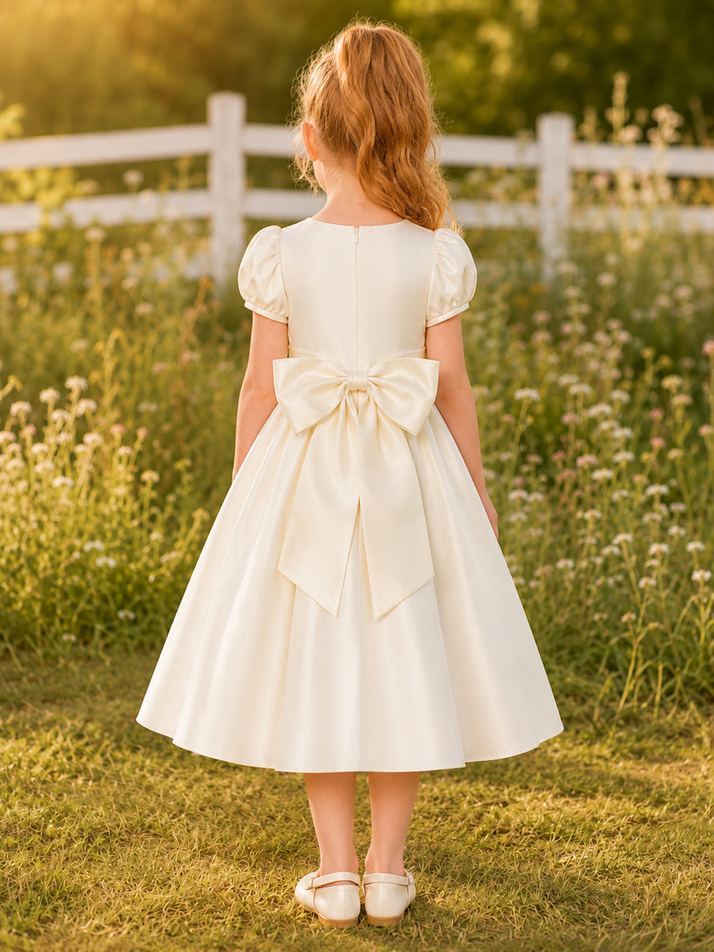 Flower Girl Dress Ivory Satin A-Line Short Sleeve Jewel Neck Tea Length Bow Back Portrait Ready Look back view