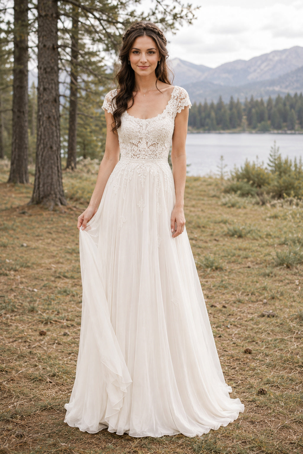 Ivory Scoop Neck Cap Sleeve Lace A-Line Wedding Dress with Soft Chiffon Train front view