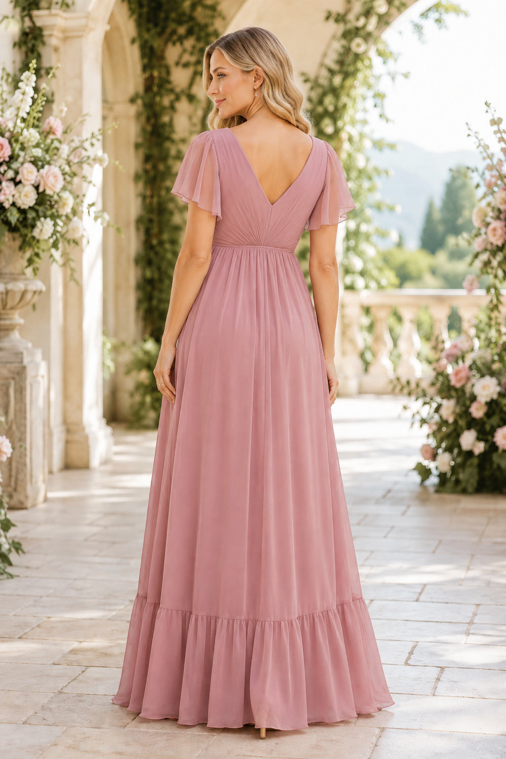 Dusty Rose Maternity Wedding Guest Empire Dress back view