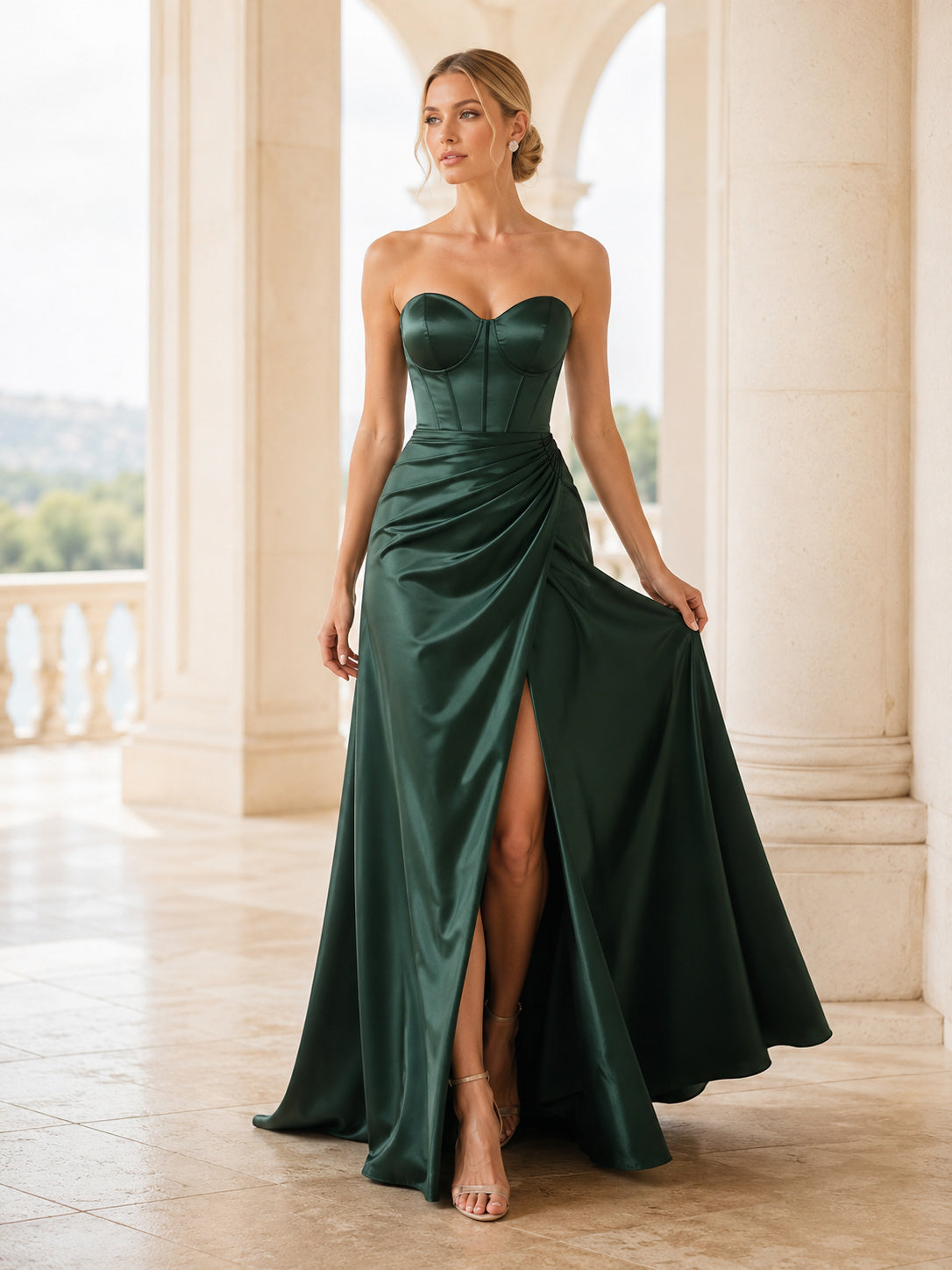 Dark Green Satin Strapless Slit A-Line Evening Dress front view