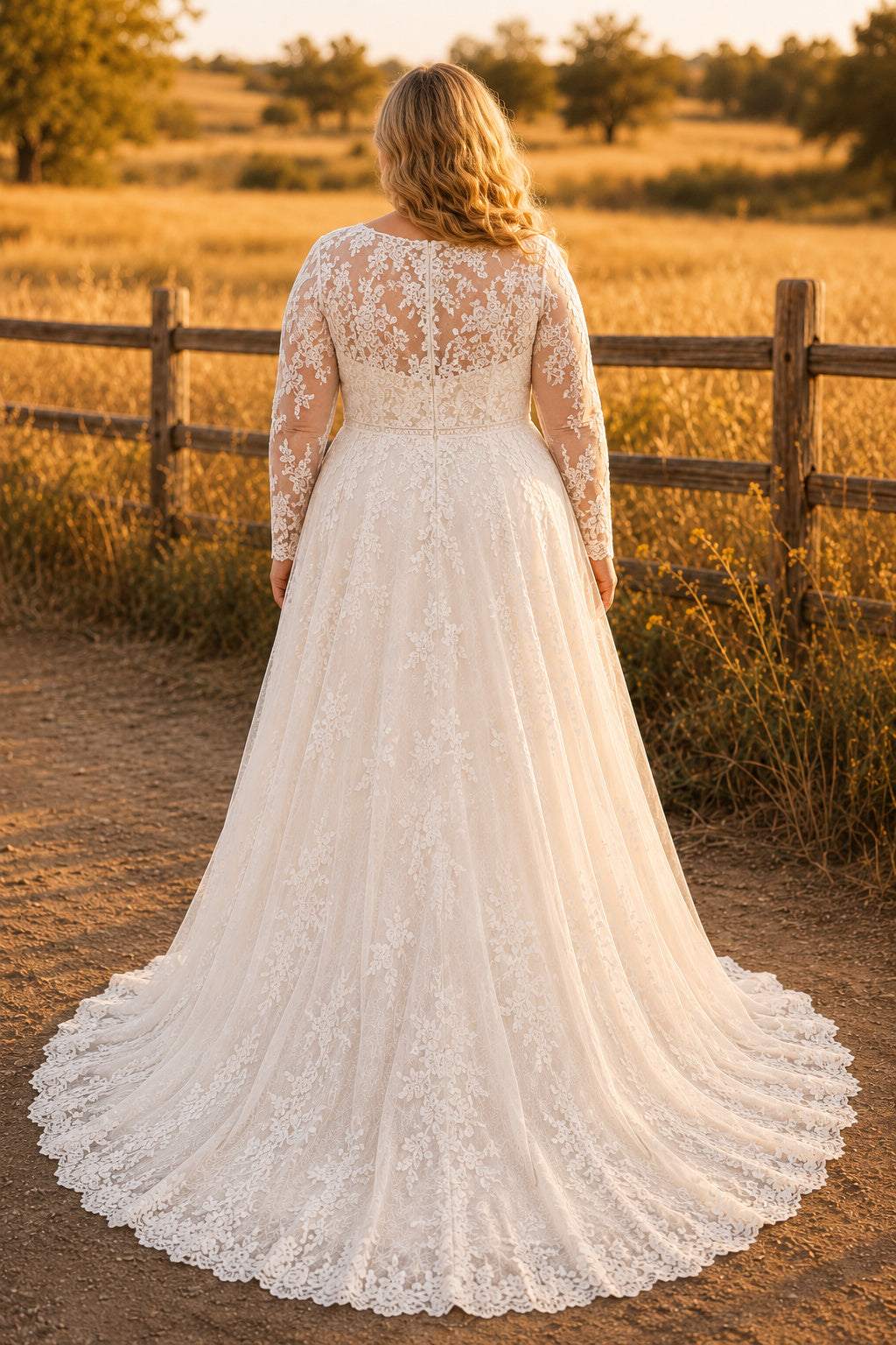Ivory Plus Size V-Neck Long Sleeve Lace A-Line Wedding Dress with Scalloped Train back view