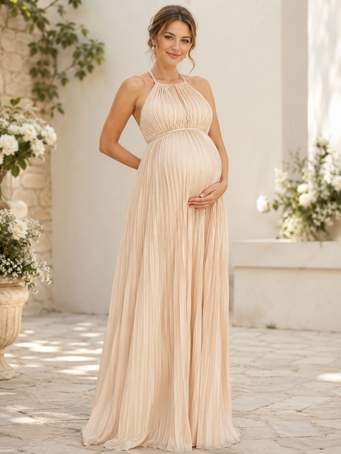 Champagne Maternity Halter High Neck Pleated Chiffon Empire Floor-Length Gown front view