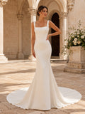 Minimalist Satin Wedding Dress Mermaid Square Neck Sleeveless Sweep Train Bridal Gown front view