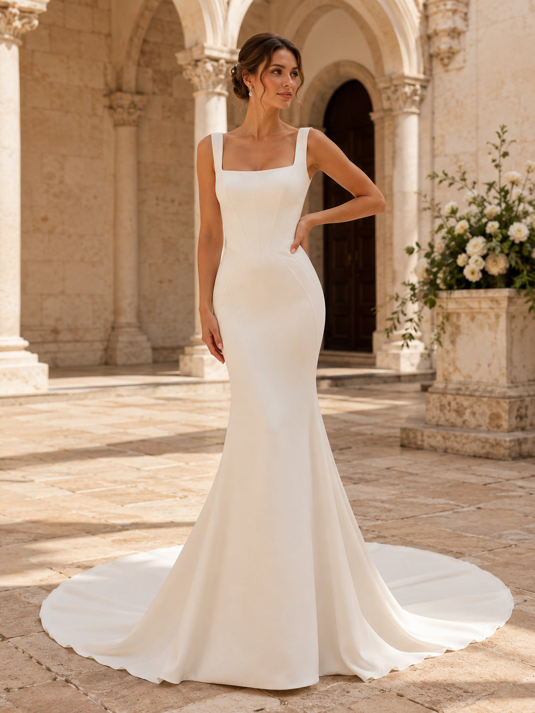 Minimalist Satin Wedding Dress Mermaid Square Neck Sleeveless Sweep Train Bridal Gown front view