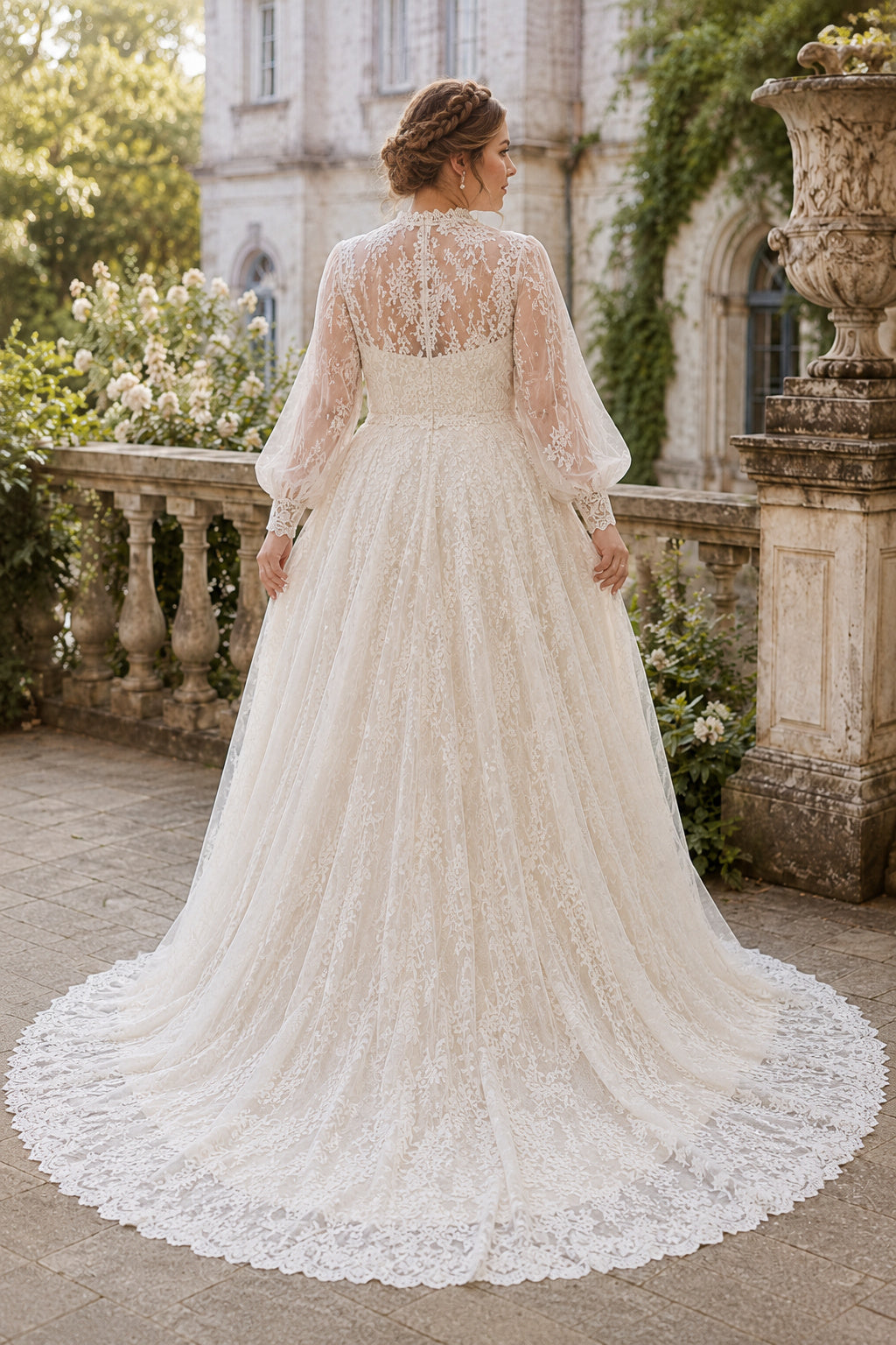 Ivory Plus Size High Neck Illusion Lace A-Line Wedding Dress with Long Puff Sleeves back view