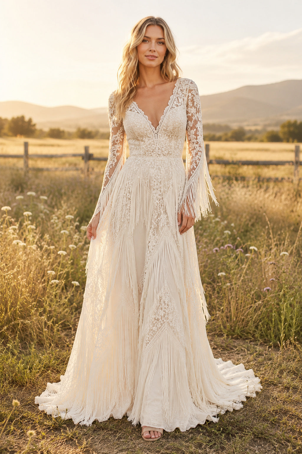Ivory Long Sleeve Lace A-Line Wedding Dress with Plunging V-Neck and Train front view
