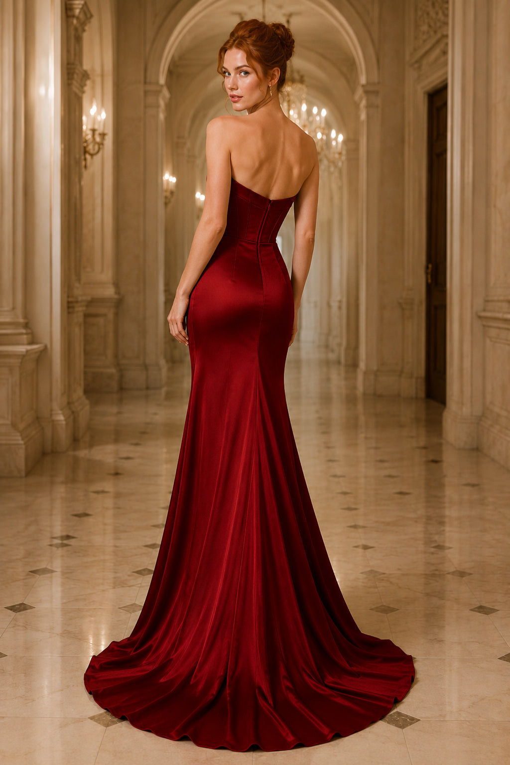 Burgundy Strapless Satin Mermaid Prom Dress with Corset Bodice, Front Slit, and Sweep Train back view