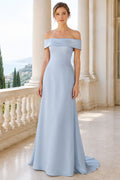 Sky Blue Off-the-Shoulder Satin A-Line Formal Dress with Straight Neck and Sweep Train front view