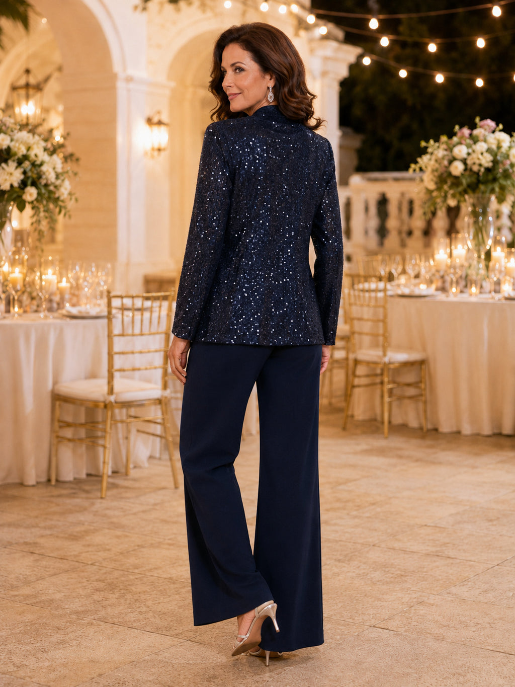 Dark Navy Luxury Floor-Length Wide-Leg Mother of the Bride Sequin Pantsuit with Long Sparkling Blazer and V-Neck Shell back v