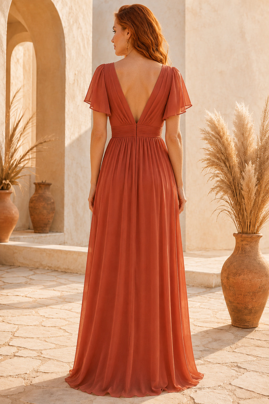 Papaya V-Neck Flutter Sleeve Chiffon A-Line Bridesmaid Dress with Ruched Waist back view
