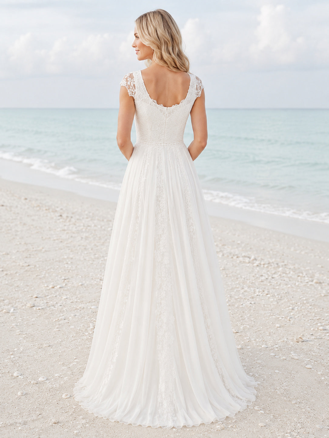 Cap Sleeve Beach Chiffon A-Line Airy Bridal Gown back view