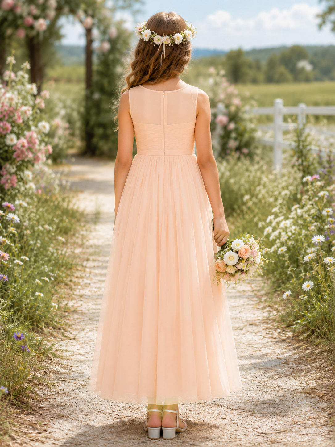 Flower Girl Dress Blush Tulle A-Line Scoop Floor length Sash Detail back view