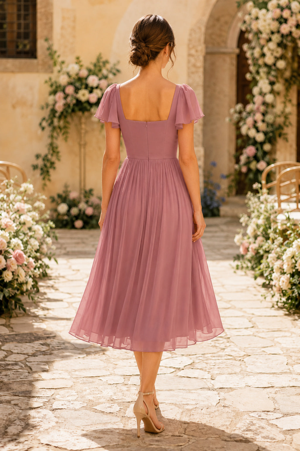 Sage Elegant Midi Wedding Guest Sheath Dress back view